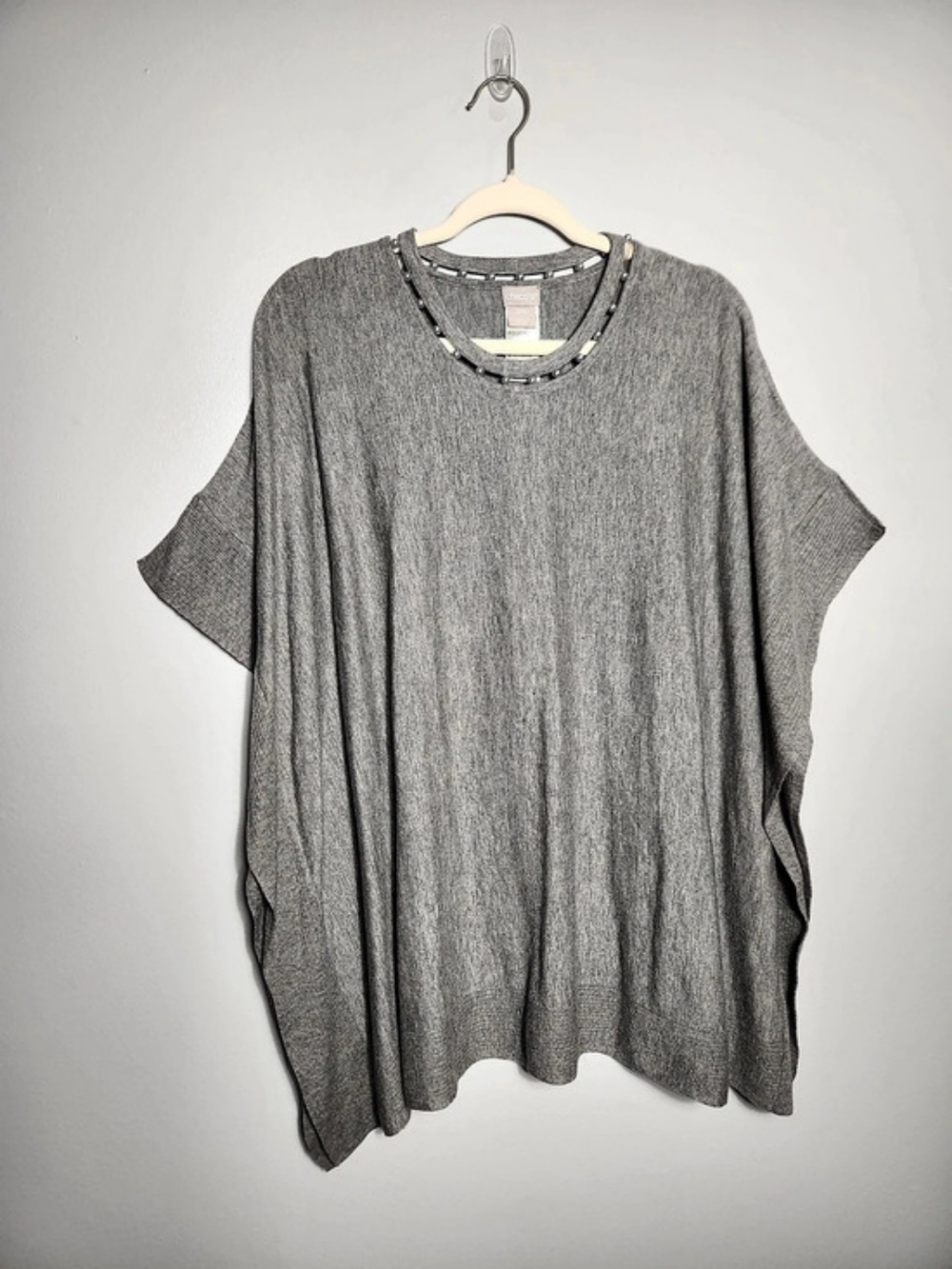 NWT Chico's Gray Pearl Beaded Neck Oversized Poncho Batwing Knit Top Sweater S/M